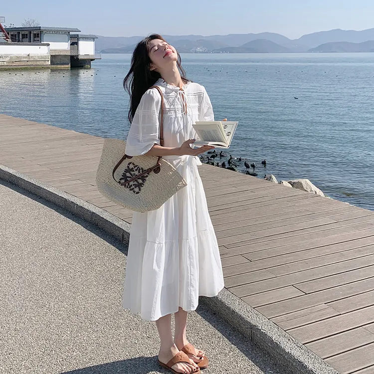 今年流行爆款高级感度假风重工泡泡袖米白色女生韩系ins衣服短袖