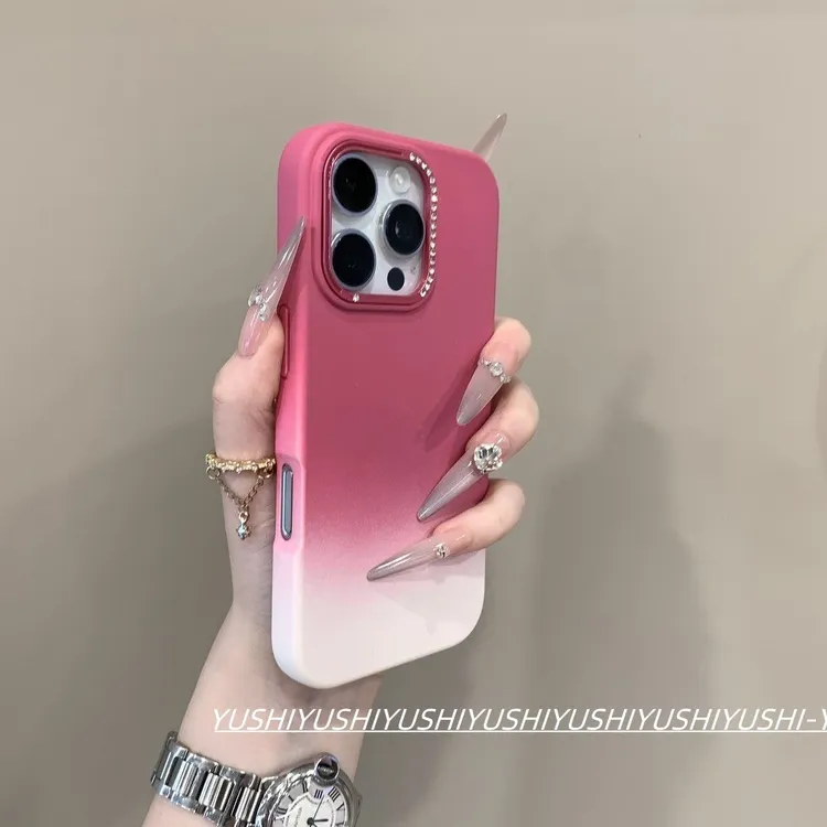 镶钻渐变玫粉色简约适用于苹果16手机壳iPhone15防摔14ProMax颜值