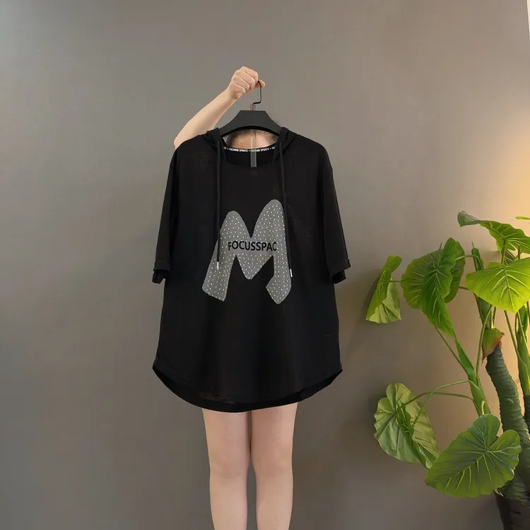 8866字母镶钻连帽烫钻宽松型短袖T恤休闲韩版潮流百搭夏季显瘦