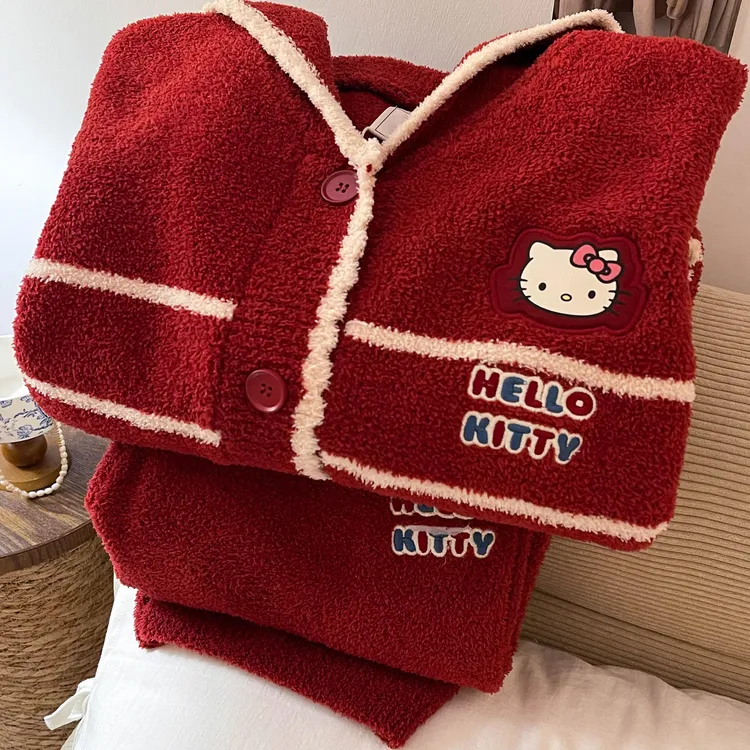 新年红圣诞kitty条纹半边绒睡衣女秋冬款长袖长裤大码家居服套装
