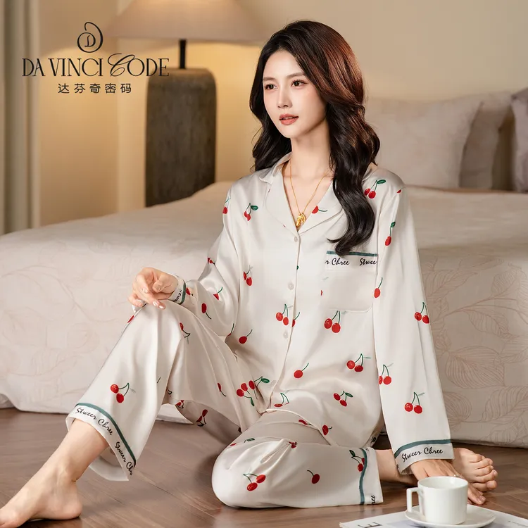 达芬奇密码女睡衣红色樱桃2025高级睡衣新款大码长袖短袖套可外穿