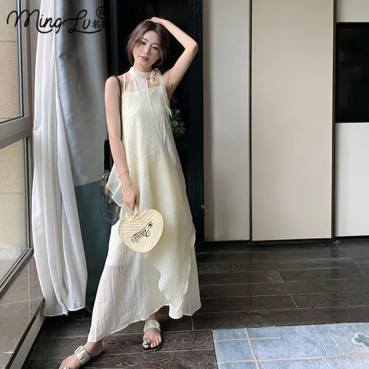 无袖挂脖吊带不规则连衣裙女夏季2025新款宽松显瘦大方得体的裙子