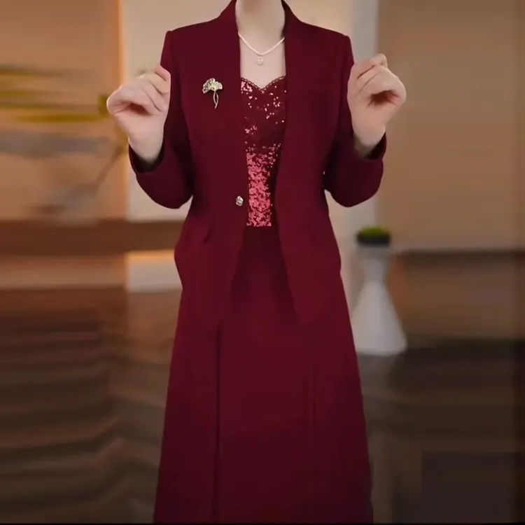 【周周衣坊】秋季时尚新款遮肚显瘦减龄气质洋气喜庆婚宴红色套裙