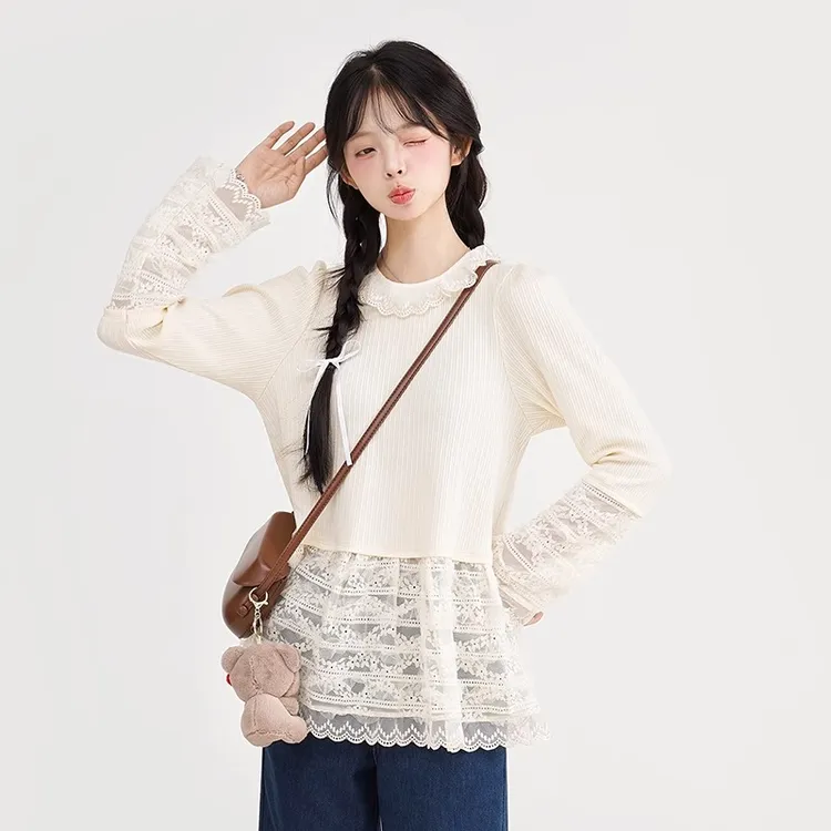 莲叶品质法式蕾丝拼接中长款上衣春秋新款内搭外穿长袖打底衫