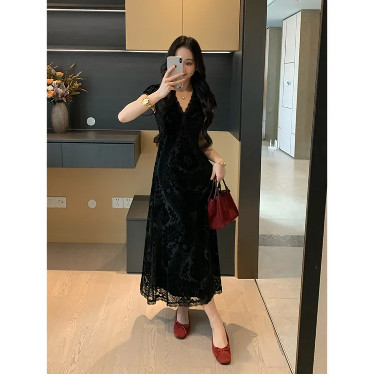 XINYI【轻纱摇曳】夏季烧花丝绒连衣裙收腰显瘦气质裙X625Q10185