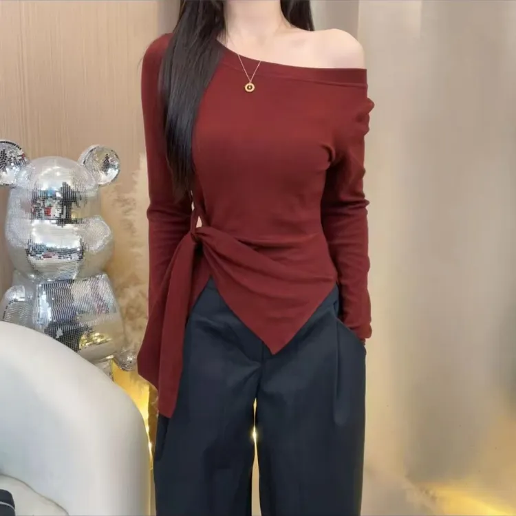 不规则开叉条纹长袖t恤女秋装新款绑带收腰显瘦斜肩长袖打底上衣