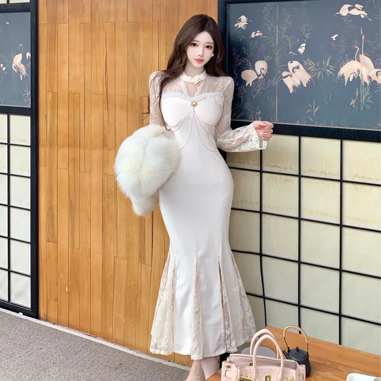 万圣节御姐气质蕾丝拼接长袖连衣裙女冬季修身显瘦礼服鱼尾裙新款