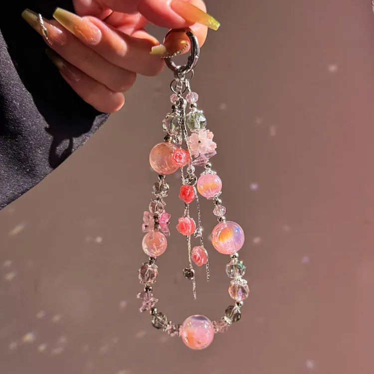【春之恋】原创高级感海蒂珠流苏玫瑰花手机链水晶手机挂件手腕链