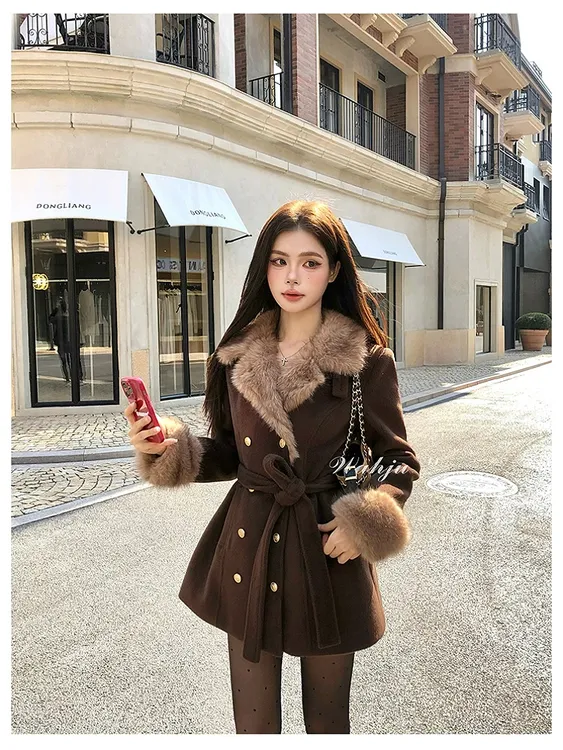 【古着秀场】千金氛围感系带收腰双排扣毛呢外套显瘦气质毛毛大衣