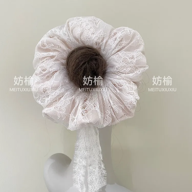 dyf069重工纯白双层蕾丝大肠发圈气质温柔丸子头马尾头头绳纯手工