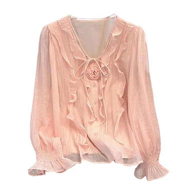 法式荷叶边设计感长袖衬衫女2025年春季新款气质小众立体花朵上衣