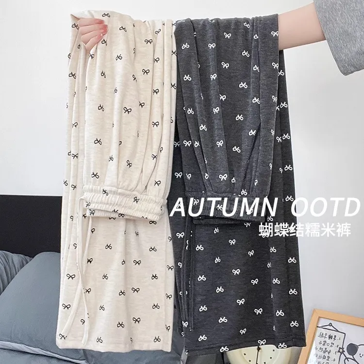 胖MM蝴蝶结阔腿裤女春秋冬2025新款休闲宽松bf慵懒针织软糯米裤