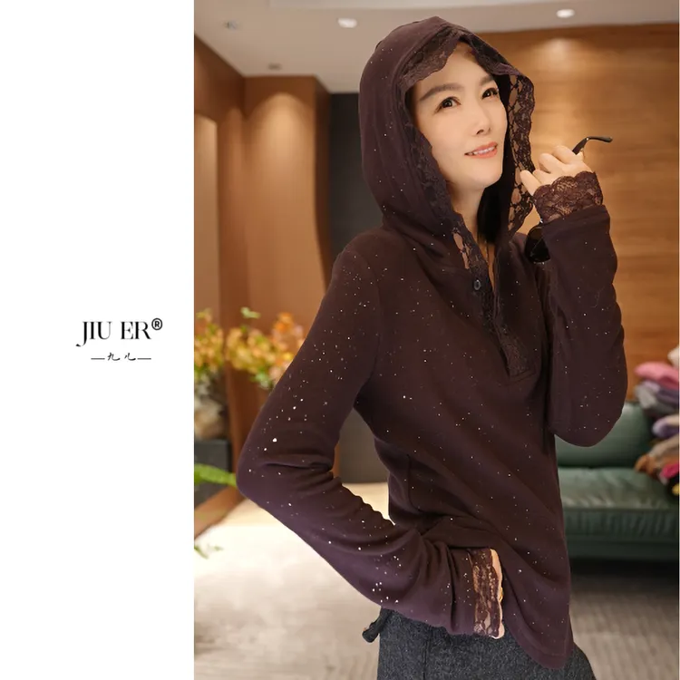 JIUER进口双面德绒 女士连帽卫衣秋冬蕾丝百搭带帽洒金宽松2678