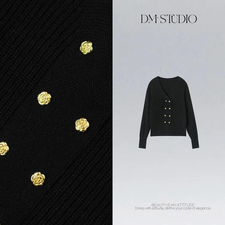 DEDM•STUDIO/100%绵羊毛V领百搭针织双排扣毛衣开衫2511ZZS/39035