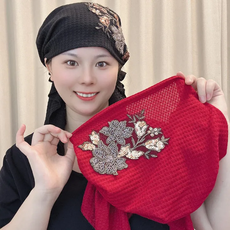 高端飘带帽子女树叶花朵秋冬新款遮白发保暖帽重工树叶飘带帽