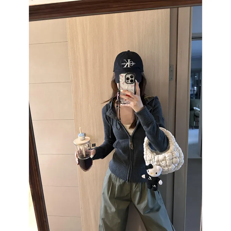 美式复古连帽毛衣开衫女秋冬格子修身针织外套慵懒风短款上衣chic