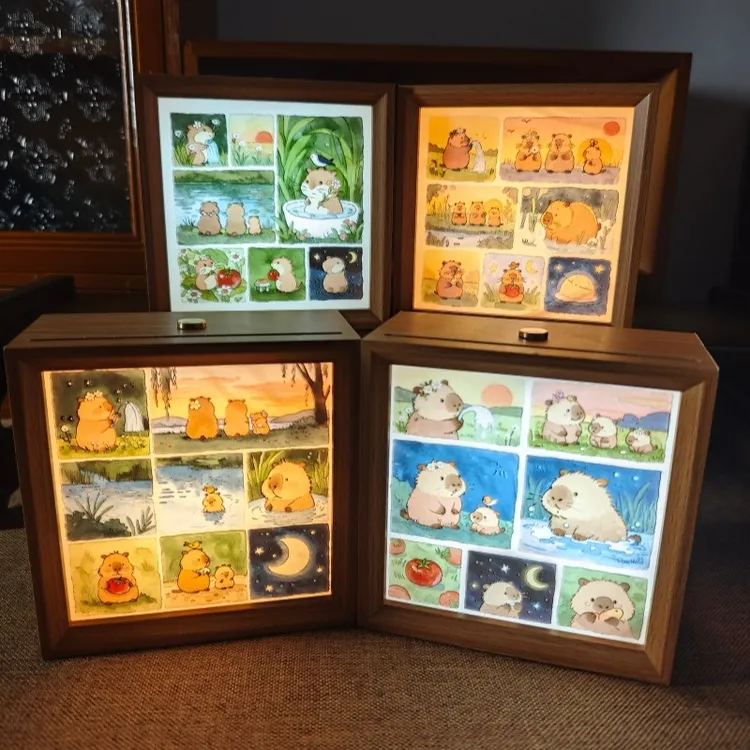 发光装饰画迷你古画小夜灯摆台灯光画微缩书画茶室入户三色变光