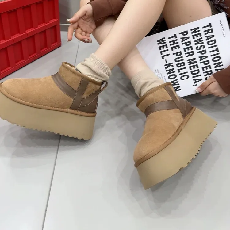羊皮毛一体~真皮羊毛厚底松糕拼色mini小个子加厚保暖雪6cm地棉靴