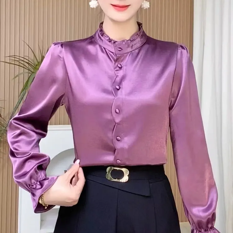 【木耳边小衫】早春新款花苞袖百搭时尚缎面长袖衬衫光泽感高级上衣