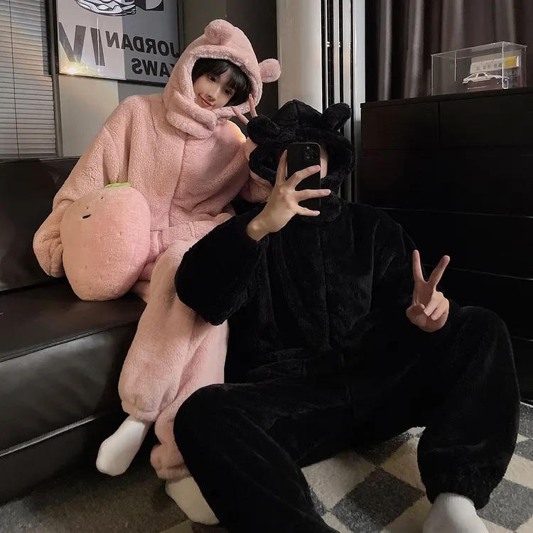秋冬季连帽情侣睡衣女珊瑚绒法兰绒冬天男士青少年加厚家居服套装
