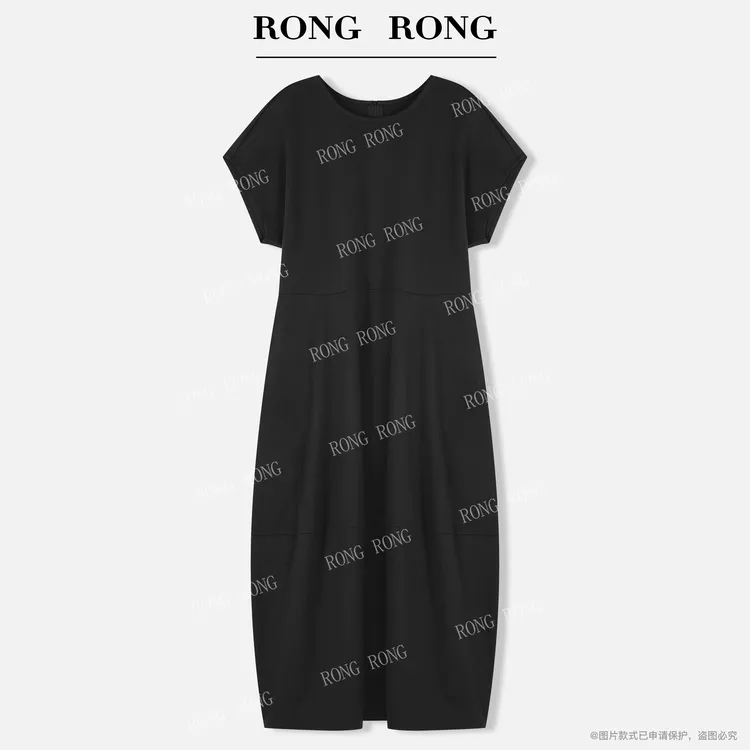 溶溶【墨屿颂诗】RONGRONG 圆领极简风优雅收腰显瘦短袖连衣裙25736