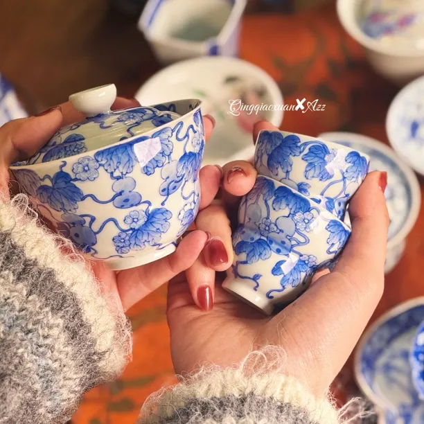 青樵轩 新品青花葫芦盖碗 折腰葫芦造型小清新仙女茶器