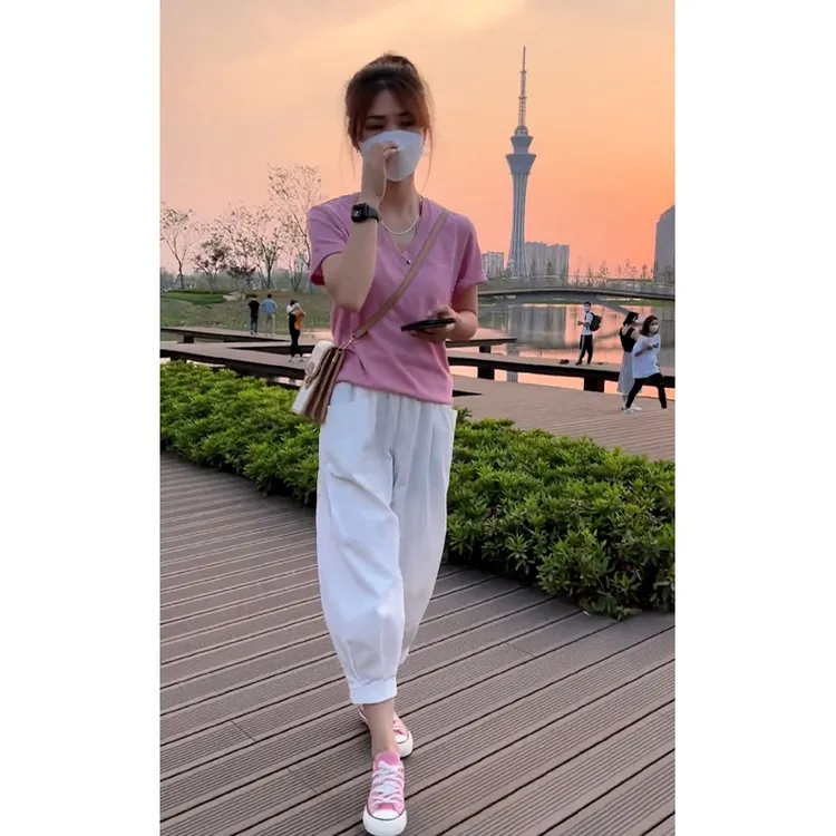 超火夏装一整套韩系纯色圆领百搭短袖上衣九分休闲裤显瘦两件套