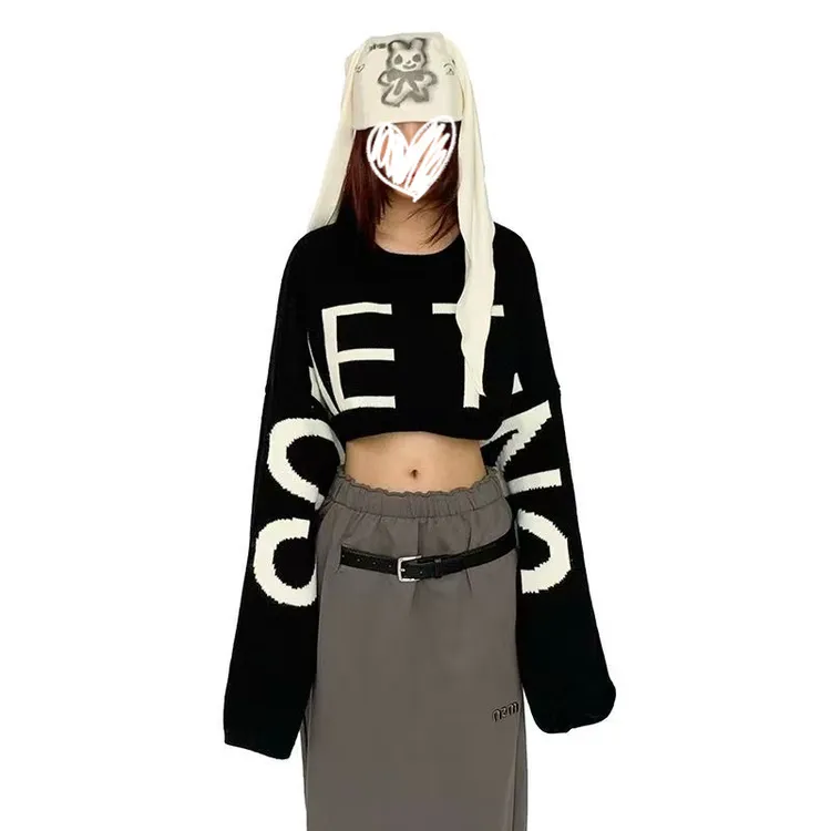 法式复古超大袖子印花休闲短款毛衣女秋季时尚设计感显瘦针织上衣