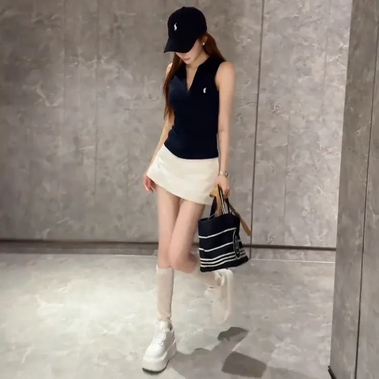 夏季新款运动风休闲气质经典刺绣无袖polo背心显瘦A字半身裙套装
