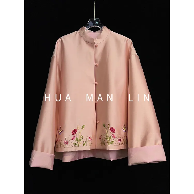 【花滿林】双面穿玉石扣下摆刺绣桑蚕丝丝毛外套259812