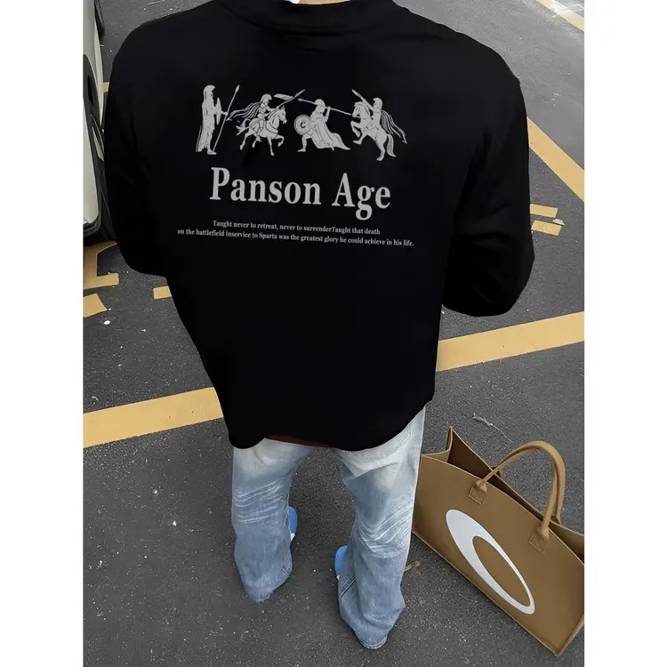 【重磅纯棉】秋季白色百搭宽松韩版兵马印花休闲美式圆领男长袖T恤