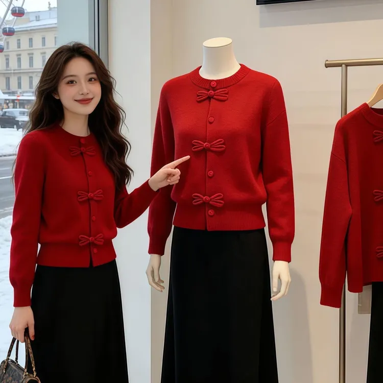GDAMS商场同款冬季穿搭红色圣诞穿搭毛衣女款小个子时尚绝美上衣