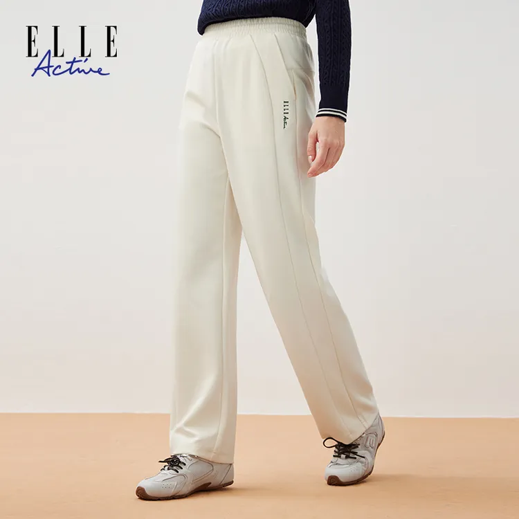 ELLE Active气质垂感长裤女款经典直筒裤简约百搭休闲米黄色裤子