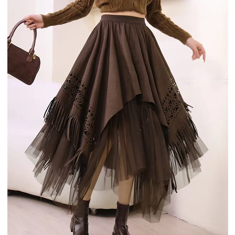 秋冬2025新款美拉德麂皮绒流苏拼接网纱半身裙女不规则a字蓬蓬裙