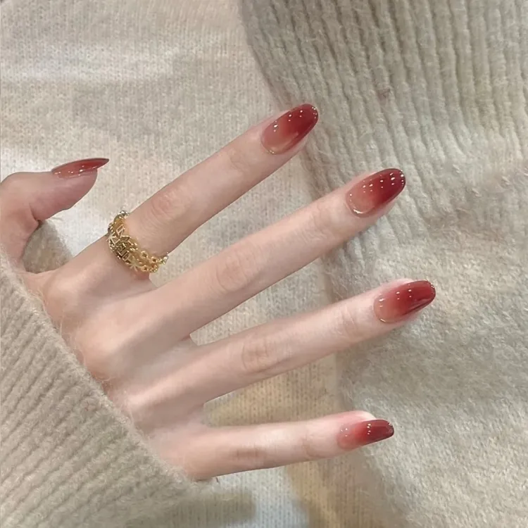 酒渍红茶手工穿戴甲2025新款感秋冬渐变红色猫眼美甲穿戴甲片短款