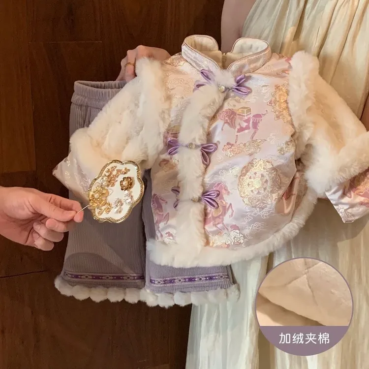 女童拜年服冬装套装儿童国风新中式唐装宝宝周岁礼服过年喜庆衣服