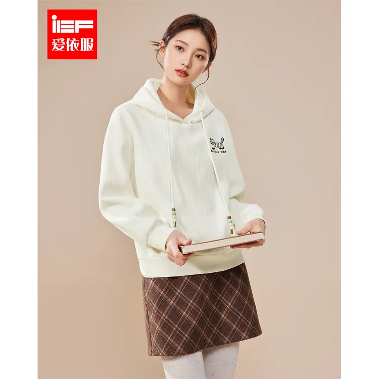 IEF/爱依服上衣2025秋季新款韩版简约休闲通勤百搭加绒连帽卫衣