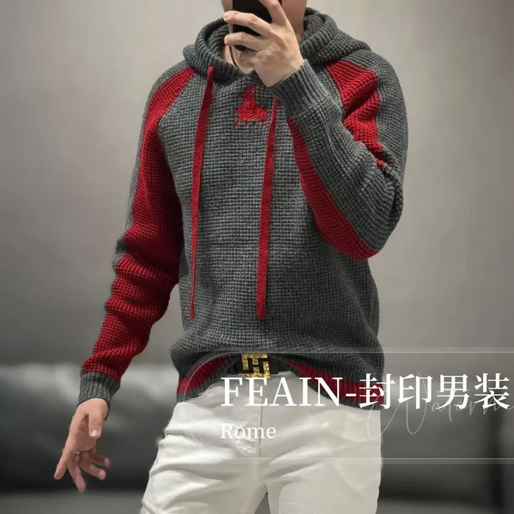 【倒骑驴2.0版】高端男士美利奴羊毛混纺拼色粗针织玉米粒连帽Q920