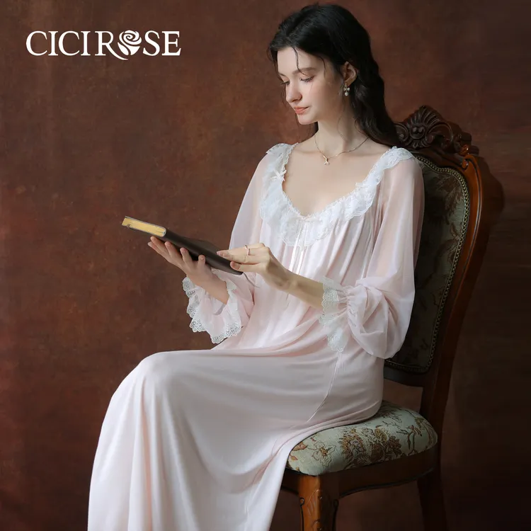 CiCiRose2025秋季新款法式公主风长款蕾丝荷叶领睡裙长袖少女睡衣