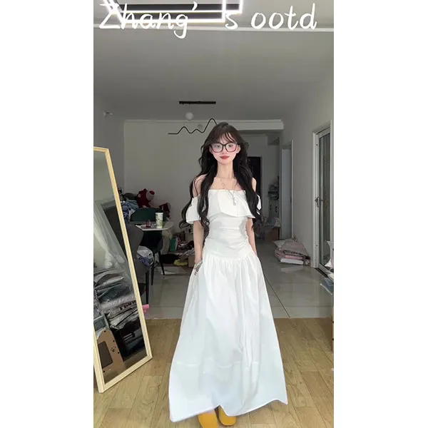 白色荷叶边一字肩褶皱背心女夏外穿气质辣妹短款露肩上衣裙子套装