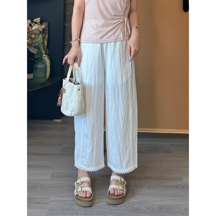 小个子圆圆7741白色洋气蕾丝九分裤子女高腰夏季阔腿宽松休闲裤