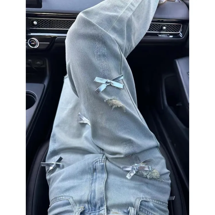 设计感蝴蝶结阔腿破洞牛仔裤女2025春季新款直筒垂感显瘦高腰长裤