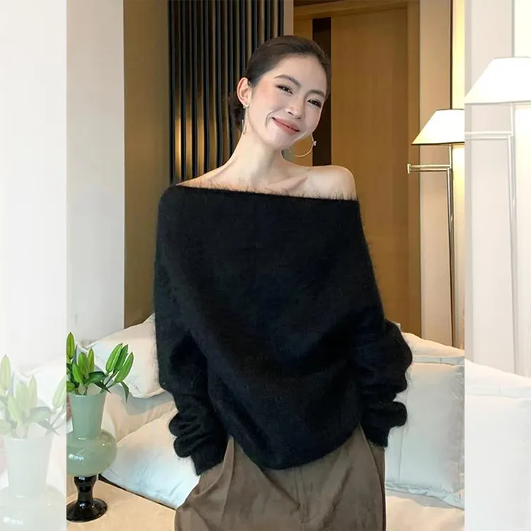 独特漂亮一字肩黑色小衫露肩毛衣外出洋气高贵针织衫上衣女装秋冬