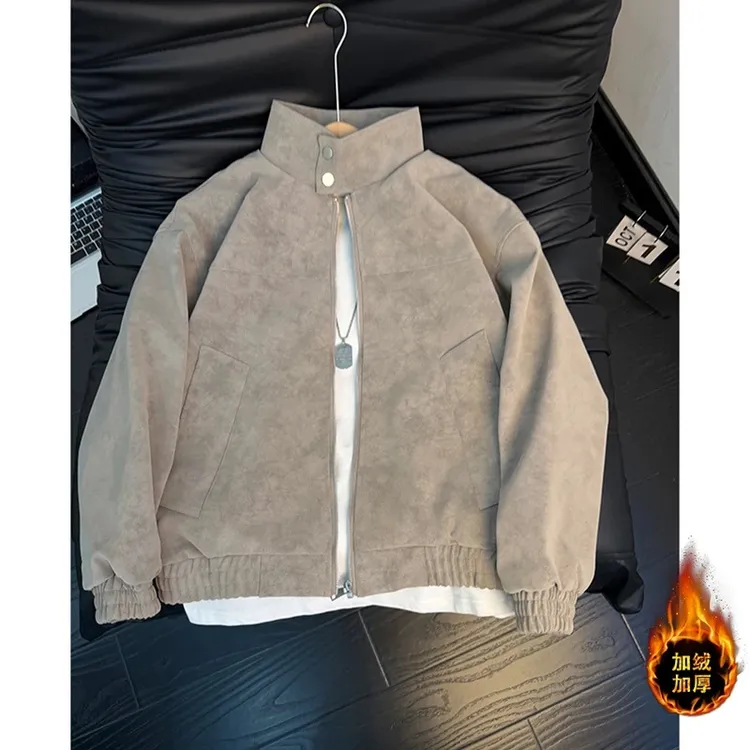 美式复古水洗扎染一体绒皮衣男冬季加绒加厚机车皮衣立领夹克外套