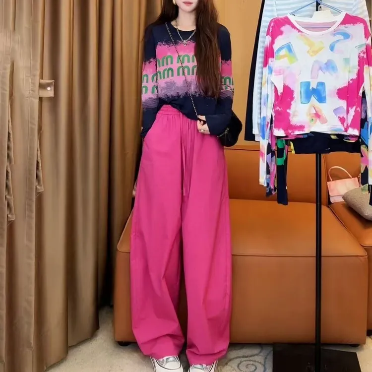 韩版松弛感早秋套装女2025新款字母印花圆领防晒上衣阔腿裤两件套