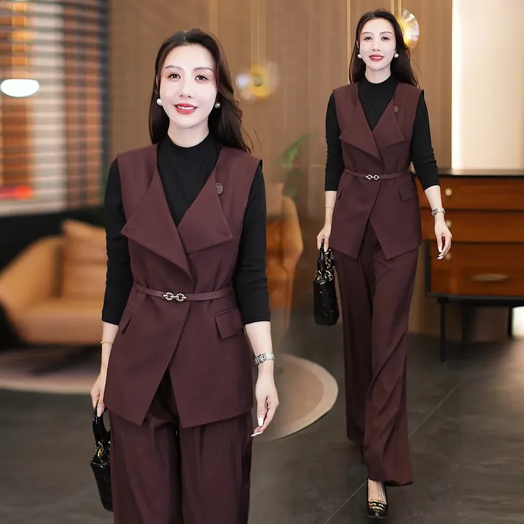 时尚洋气套装女2025秋季新款西装马甲打底衫阔腿裤气质职业三件套