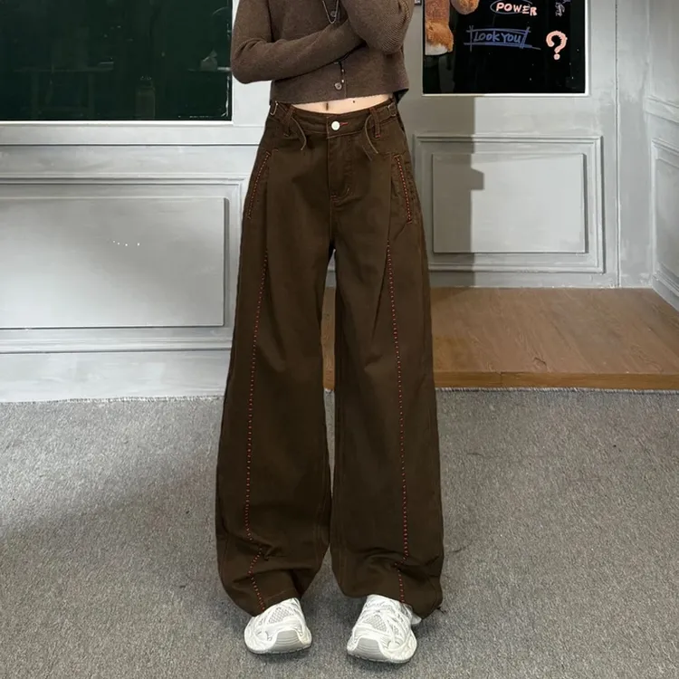 2025秋季新款高腰设计感宽松显瘦牛仔裤女士韩版美式休闲弯刀裤