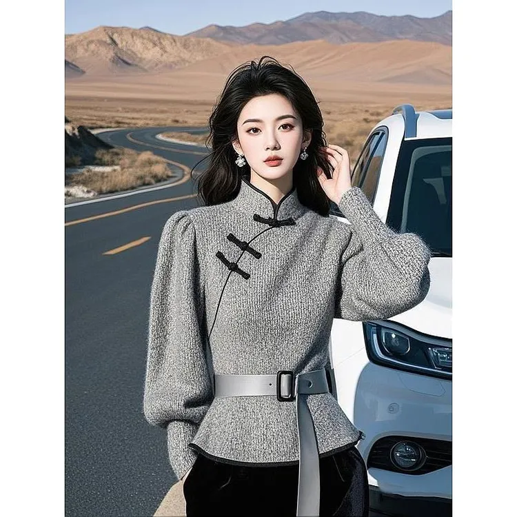气质名媛高端针织上衣高级感新中式女装国风灰色盘扣毛衣女秋冬款