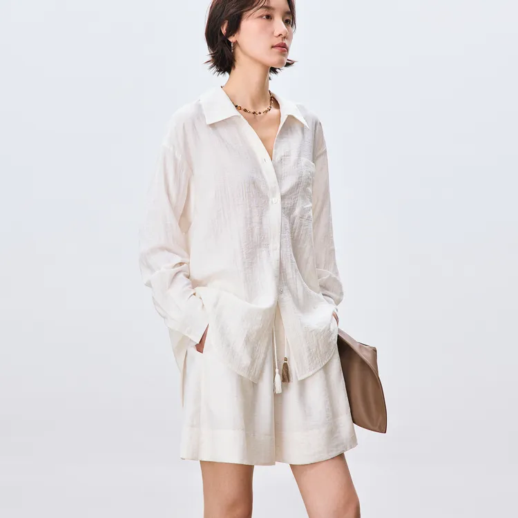 鲸乎亚麻衬衫女薄款2025夏季新款衬衣搭配抽绳短裤套装两件套