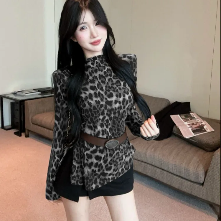 美式高街辣妹时髦复古豹纹半高领设计感收腰显瘦上衣女配半身裙